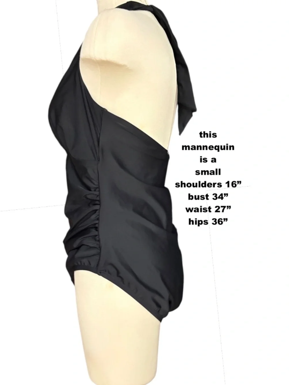 DKNY Black One Piece Halter Swimsuit L Shelf Bra Minimalist Vintage Modest Ruch - Picture 3 of 15